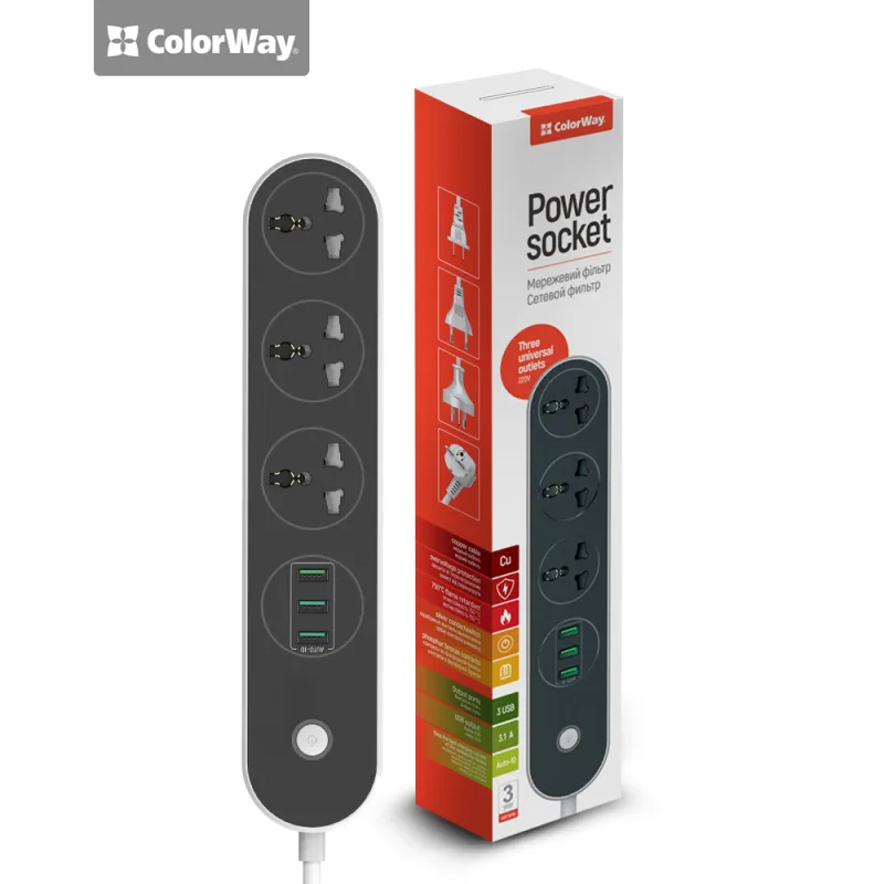 ColorWay CW-CHU33B - predlžovací kábel, 3x eurozásuvka, 3x USB, čierna, 1…