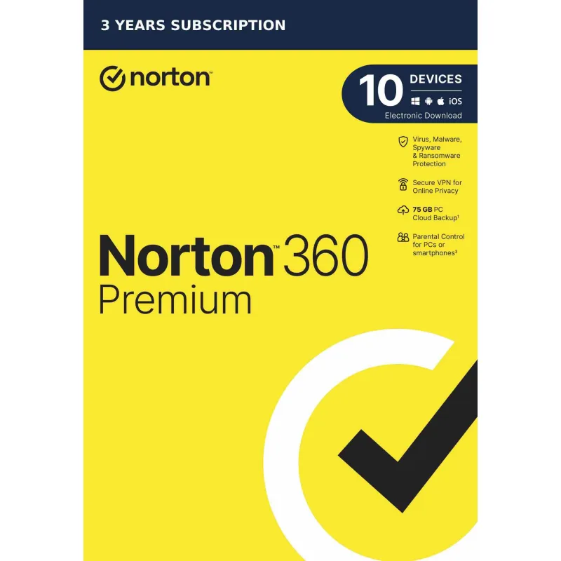 NORTON 360 PREMIUM 75GB +VPN 1 používateľ pre 10 zariadení na 3 roky ESD…