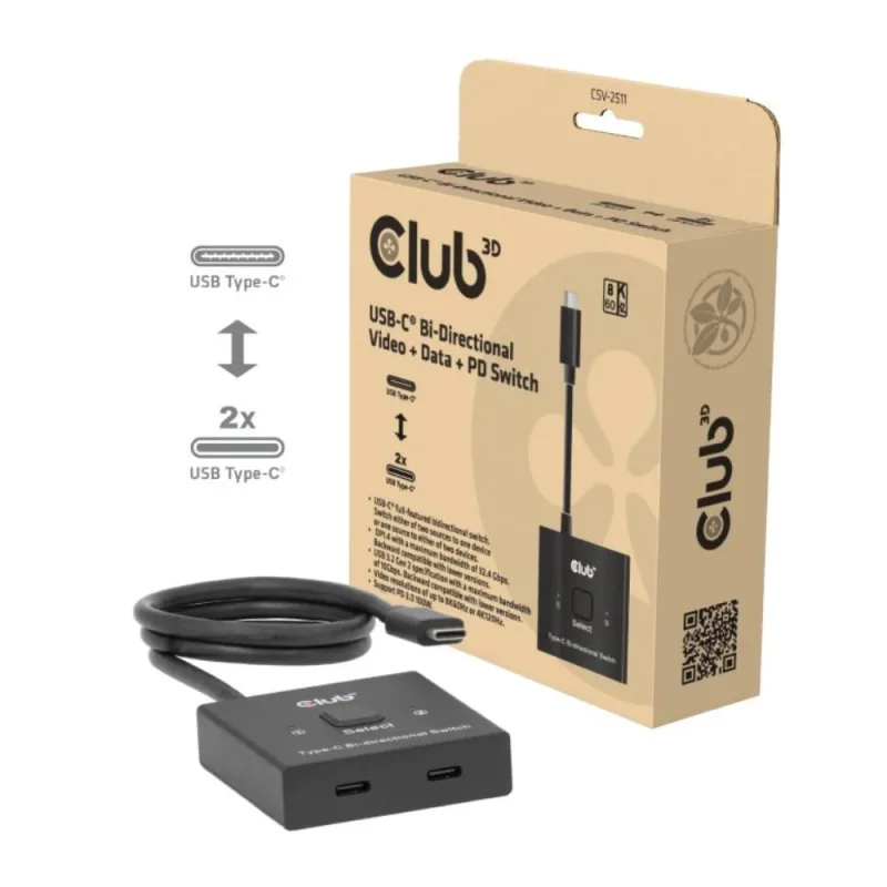 Club3D Switch, USB-C na 2xUSB-C Oboustranný 2v1, 8K60Hz, 4K120Hz, PD…