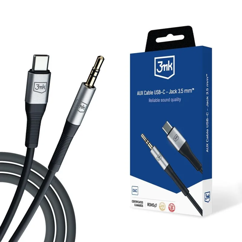 3mk audio kabel - AUX Cable USB-C - Jack 3, 5 mm, 1m, černá…