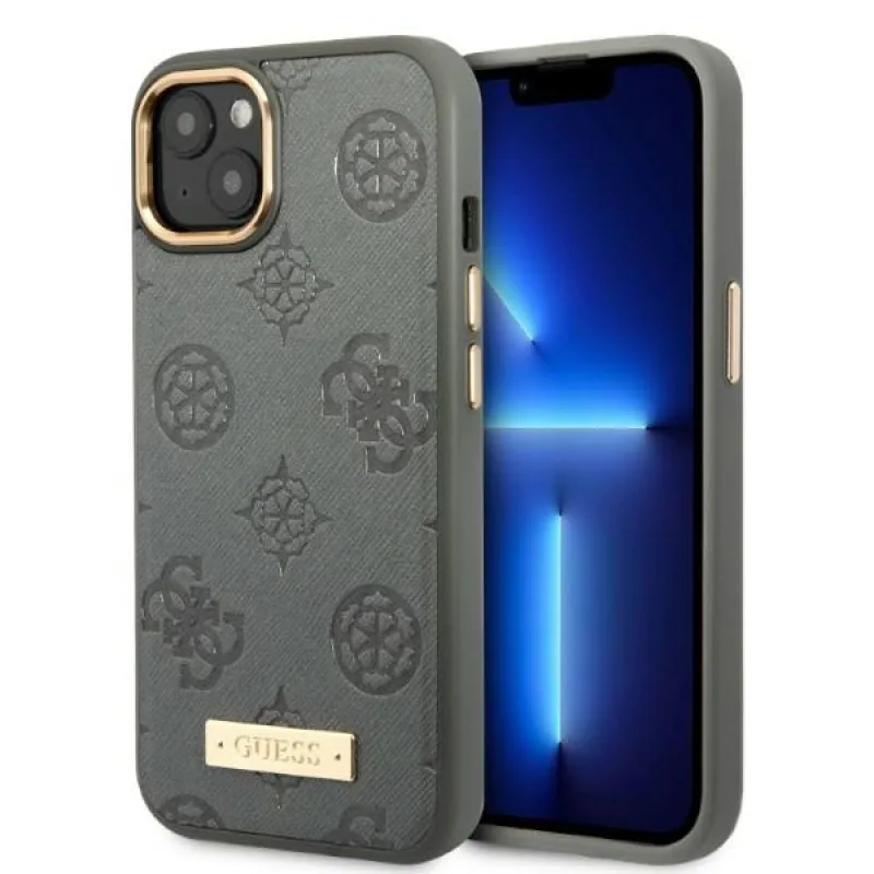 Pevné puzdro Guess GUHMP13MSAPSTG iPhone 13 6,1" sivo/sivé Peony Logo Plate MagSafe