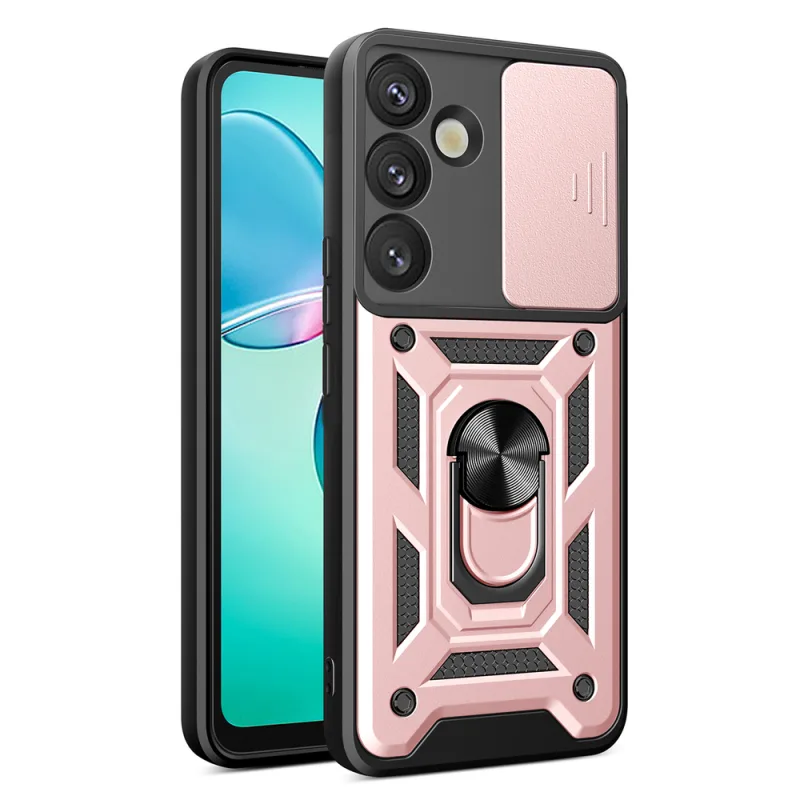 Hybridný Armor Camshield s krytom fotoaparátu a kovovým krúžkom pre Samsung Galaxy S25+ – ružový
