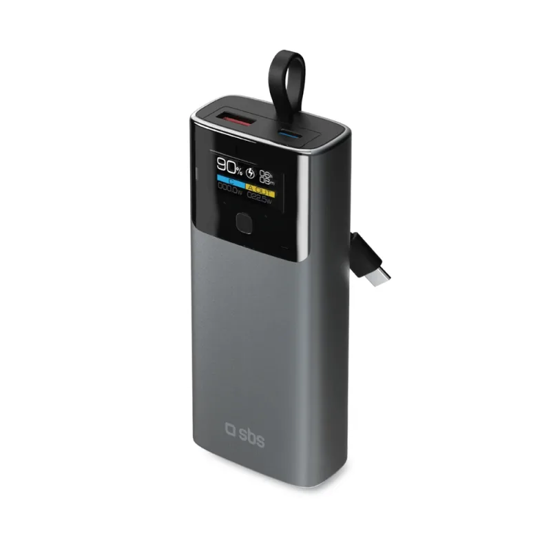 Powerbanka SBS 10000mAh PD 20W s LCD displejom a vstavaným káblom USB-C – sivá