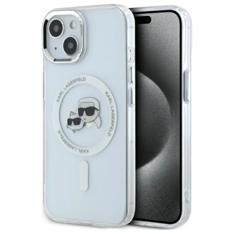 Karl Lagerfeld IML kovové puzdro Karl&Choupette Head MagSafe iPhone 14 – biele