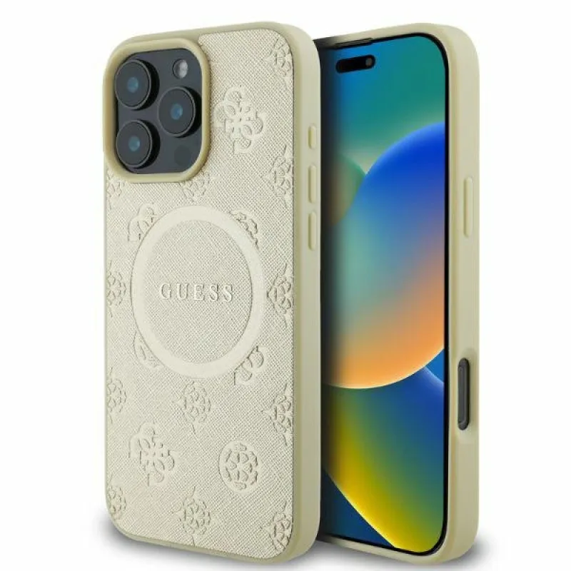 Puzdro Guess Saffiano Peony Classic Logo MagSafe pre iPhone 16 Pro - zlaté