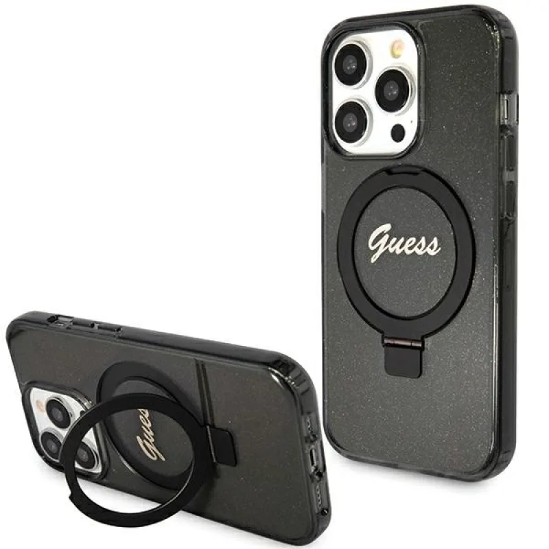 Guess Ring Stand Script Glitter MagSafe puzdro pre iPhone 15 Pro - čierne