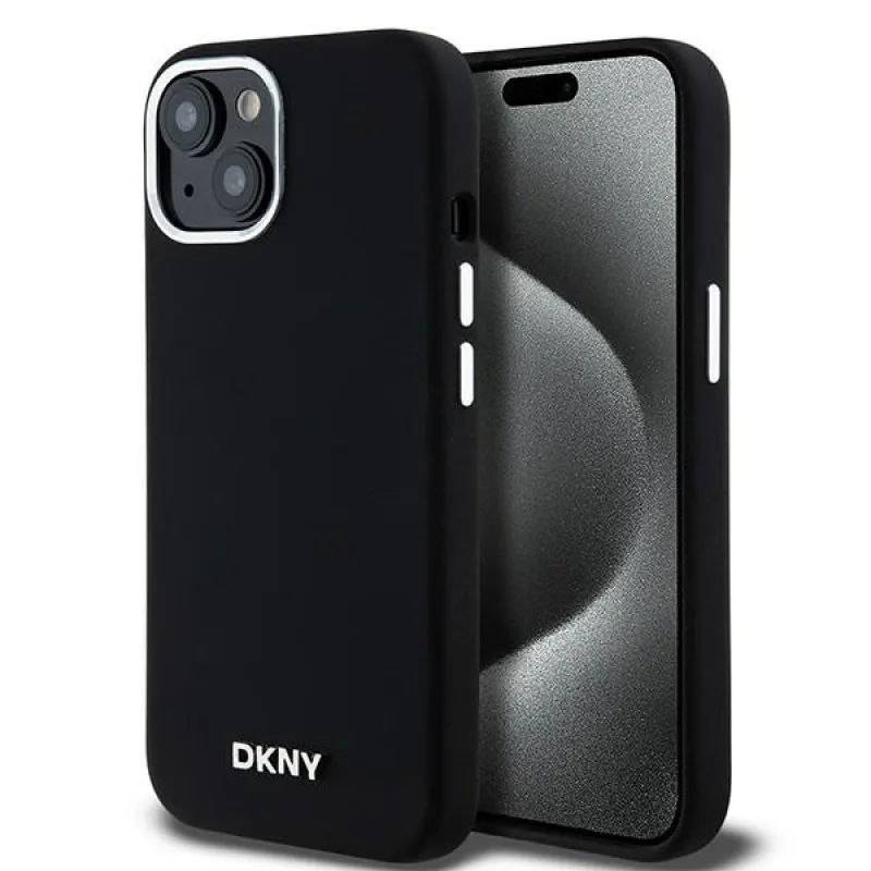 DKNY tekutý silikónový obal s malým kovovým logom MagSafe pre iPhone 15/14/13 – čierny