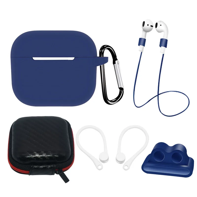 Sada silikónového puzdra na AirPods 3 + puzdro/háčik za uši/remienok na krk/držiak na remienok na hodinky/karabínka – modrá