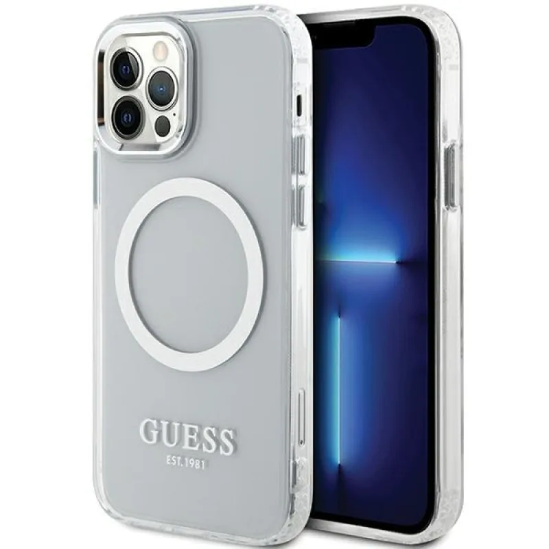 Puzdro Guess Metal Outline Magsafe pre iPhone 12 / iPhone 12 Pro - strieborné