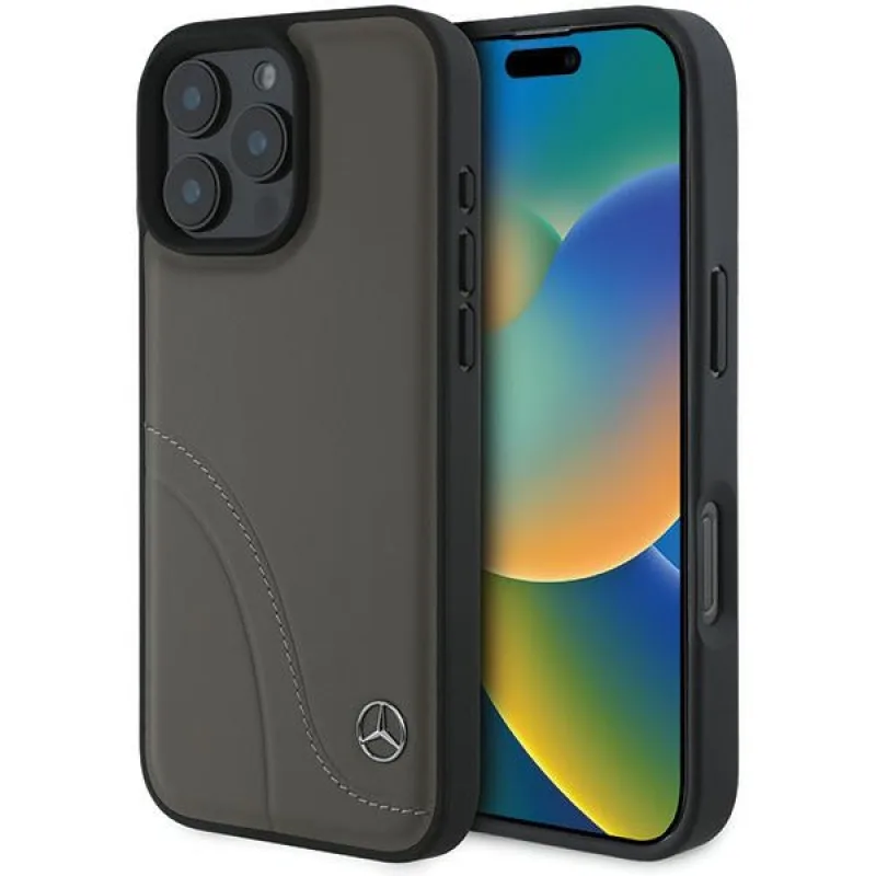 Kožené puzdro Mercedes MB Curved Stitches na iPhone 16 Pro Max – hnedé