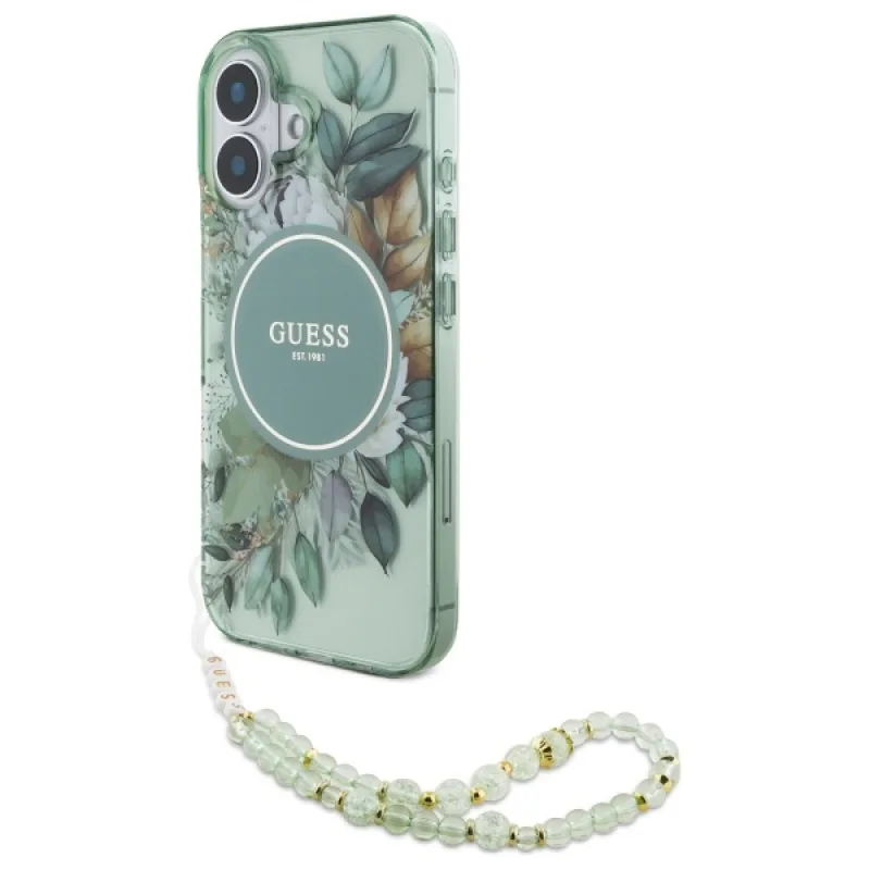 Guess IML Flowers With Pearl Strap MagSafe puzdro pre iPhone 16 Plus - zelené
