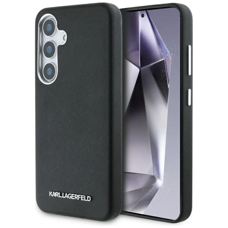 Karl Lagerfeld Saffiano celé zabalené predĺžené kovové puzdro MagSafe s logom pre Samsung Galaxy S25 – čierne