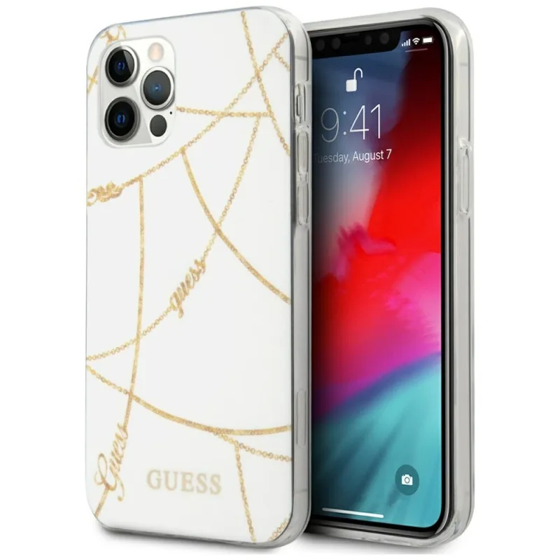 Puzdro Guess Gold Chain Collection iPhone 12 Pro Max 6,7" – biele