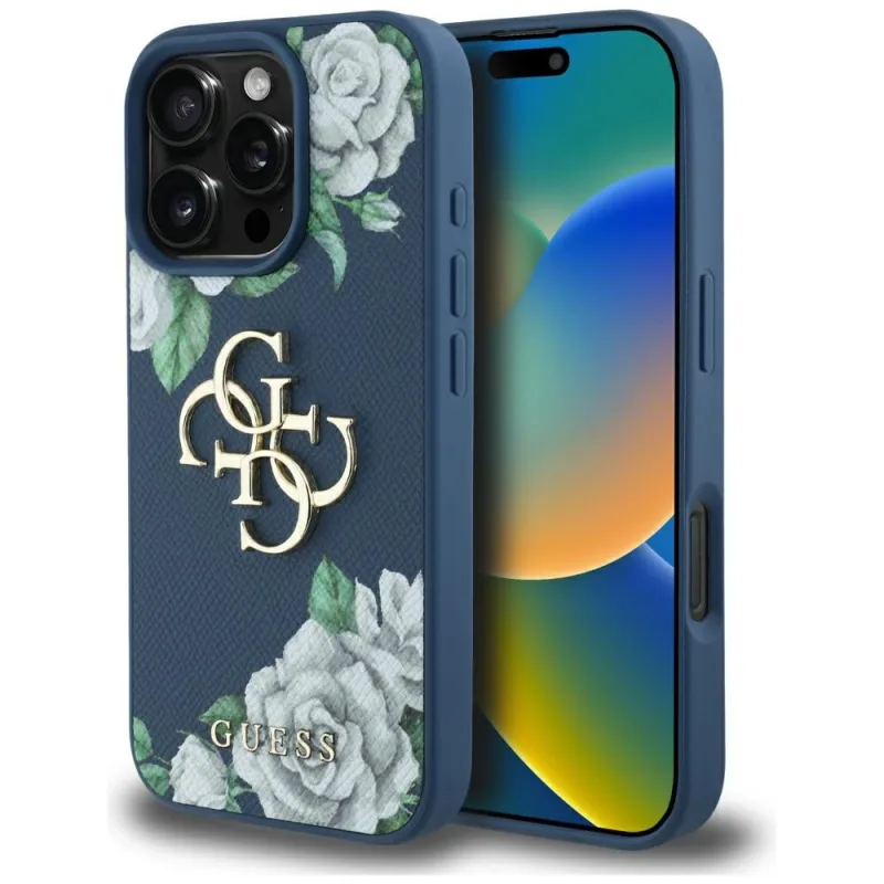 Puzdro s logom Guess Grained Roses Big 4G pre iPhone 16 Pro - modré