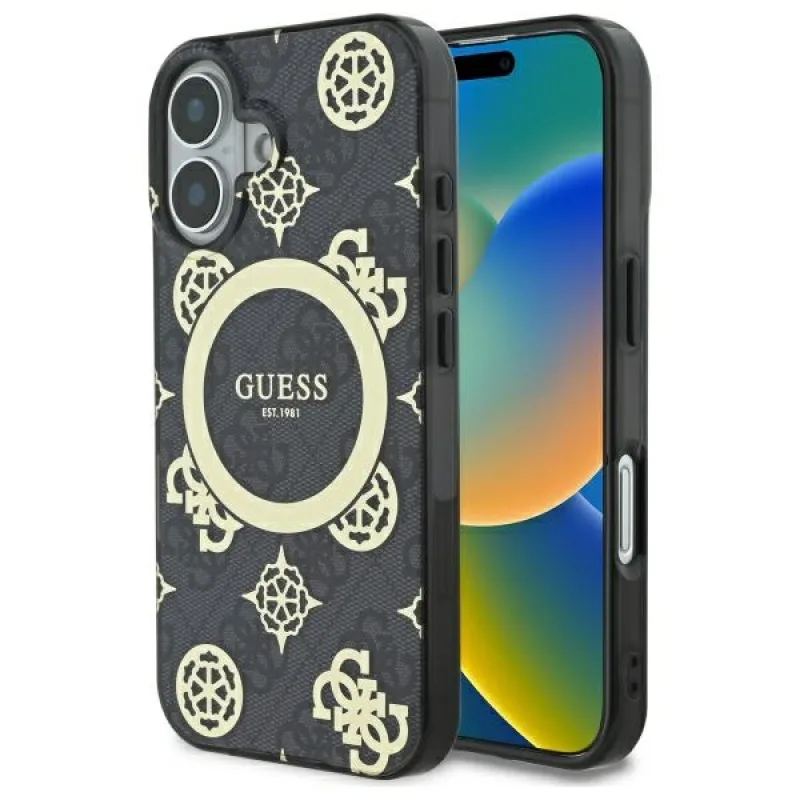 Puzdro Guess IML Peony On 4G Background MagSafe pre iPhone 16 - čierne
