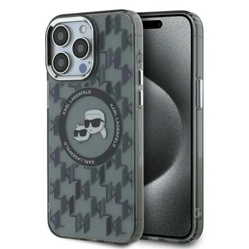 Karl Lagerfeld IML Monogram Karl & Choupette Head Puzdro MagSafe iPhone 15 Pro – čierne
