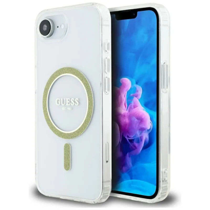 Puzdro Guess IML Glitter Circle MagSafe na iPhone 16e – priehľadné