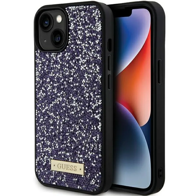 Puzdro s kovovým logom Guess Rhinestone na iPhone 15 – ružové
