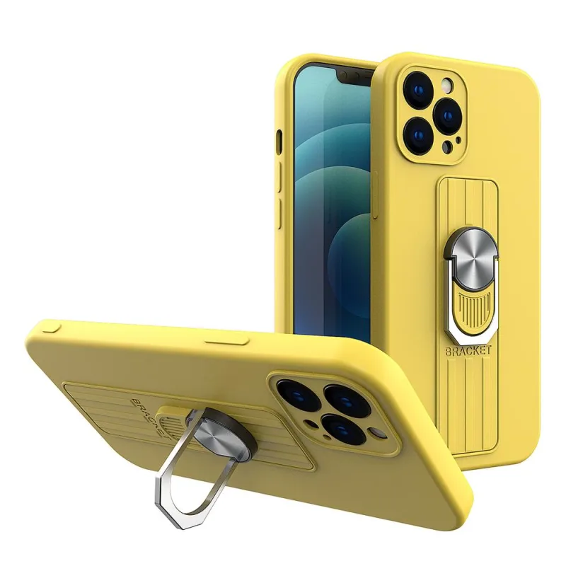 Silikónový obal Ring Case s uchopením na prsty a stojanom pre iPhone 11 Pro Max žltý