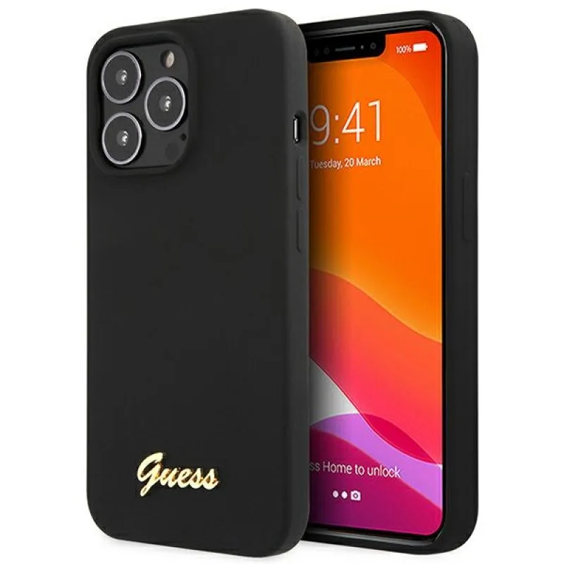 Guess GUHCP13XLSLMGBK iPhone 13 Pro Max 6,7" čierne/čierne pevné puzdro Silicone Script Gold Logo