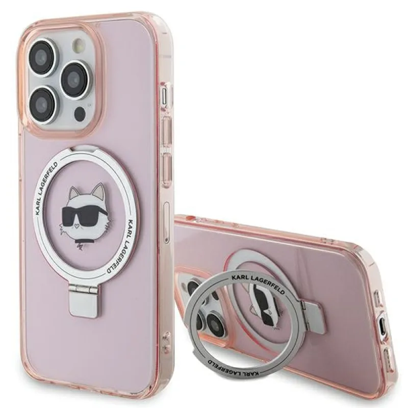 Karl Lagerfeld KLHMP15LHMRSCHP iPhone 15 Pro 6,1" ružovo-ružové pevné puzdro Ring Stand Choupette Head MagSafe
