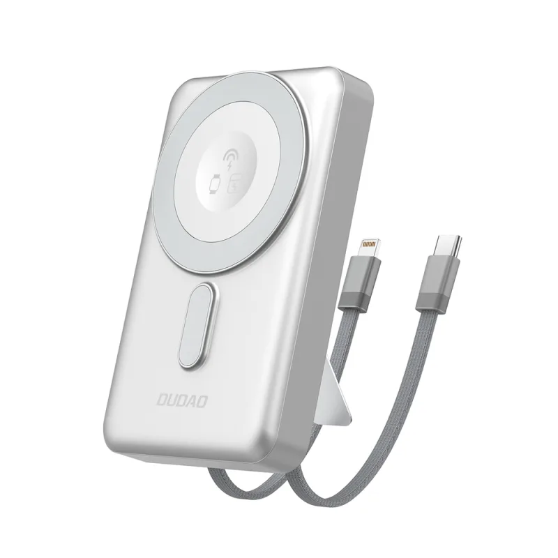 Dudao K29 10000mAh PD 20W MagSafe Powerbanka s kovovým puzdrom, stojanom a vstavanými USB-C/ Lightning káblami – strieborná