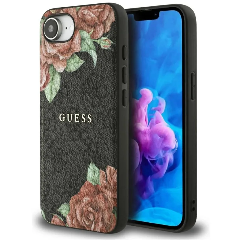 Puzdro Guess 4G Flowers Print MagSafe pre iPhone 16e - čierne