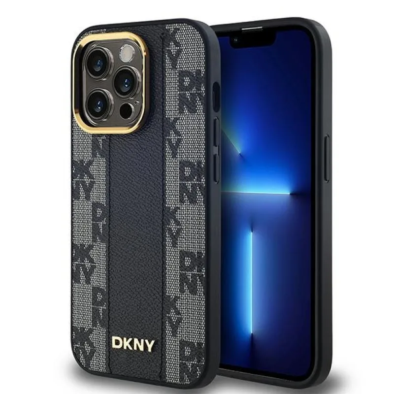 DKNY kožené kockované puzdro MagSafe Mono Pattern pre iPhone 13 Pro Max - čierne