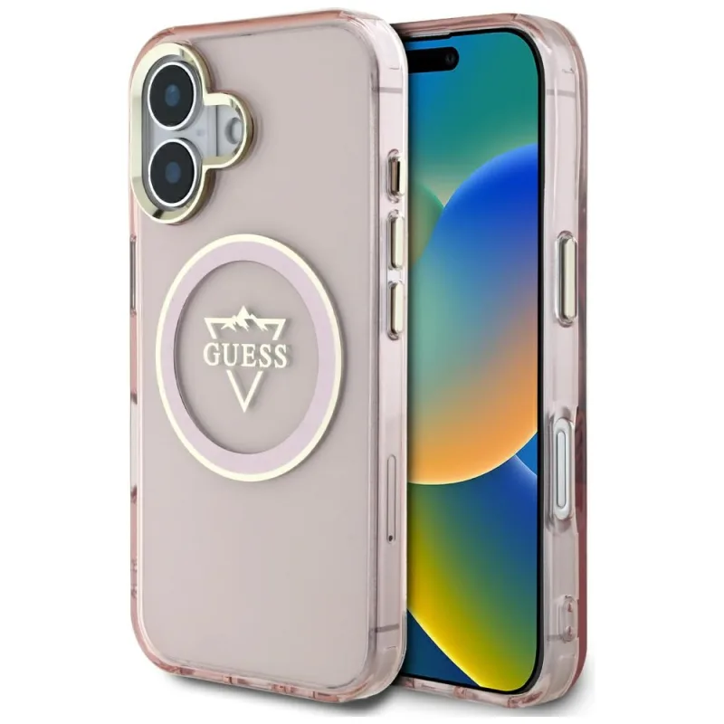 Puzdro Guess IML Metal Mountain Logo MagSafe iPhone 16 – ružové