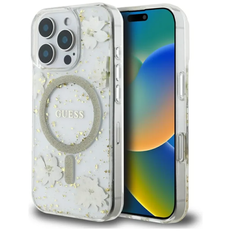 Puzdro Guess Resin Flowers Glitter MagSafe iPhone 16 Pro – béžové
