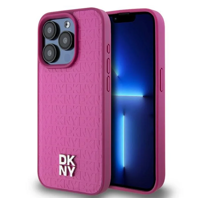Kožený vzor DKNY s monogramom Kovové logo MagSafe Case pre iPhone 15 Pro – ružový
