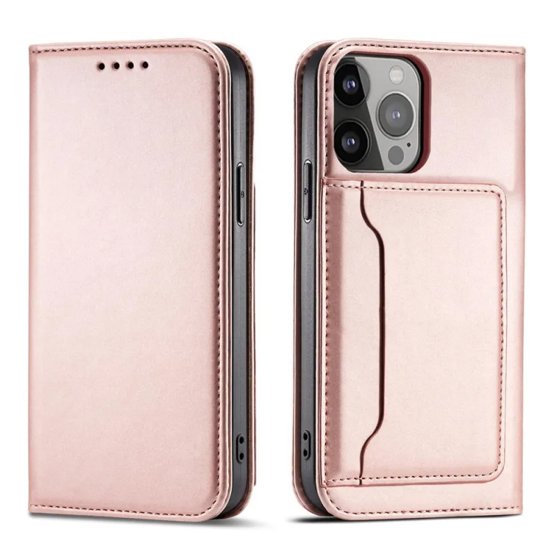 Puzdro Magnet Card Case pre iPhone 14 flip cover stojan na peňaženku ružové