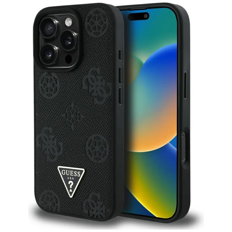 Guess Grained Hot Stamp Peony Triangle Logo MagSafe Case pre iPhone 16 Pro – čierne