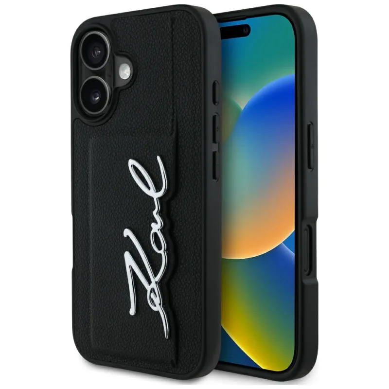 Karl Lagerfeld HC Grained PU Cardslot kovový podpisový kryt iPhone 16 – čierny