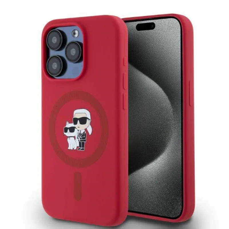 Karl Lagerfeld silikónové puzdro Karl&Choupette Heads Ring MagSafe pre iPhone 15 Pro – červené