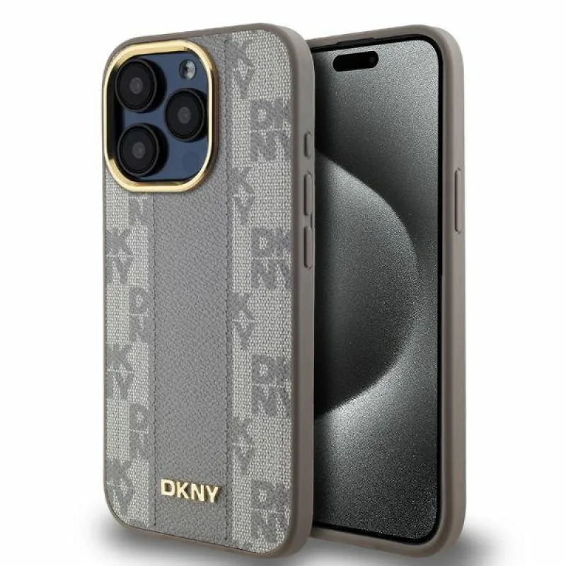 Kožené puzdro DKNY s kockovaným mono vzorom MagSafe iPhone 15 Pro – béžové