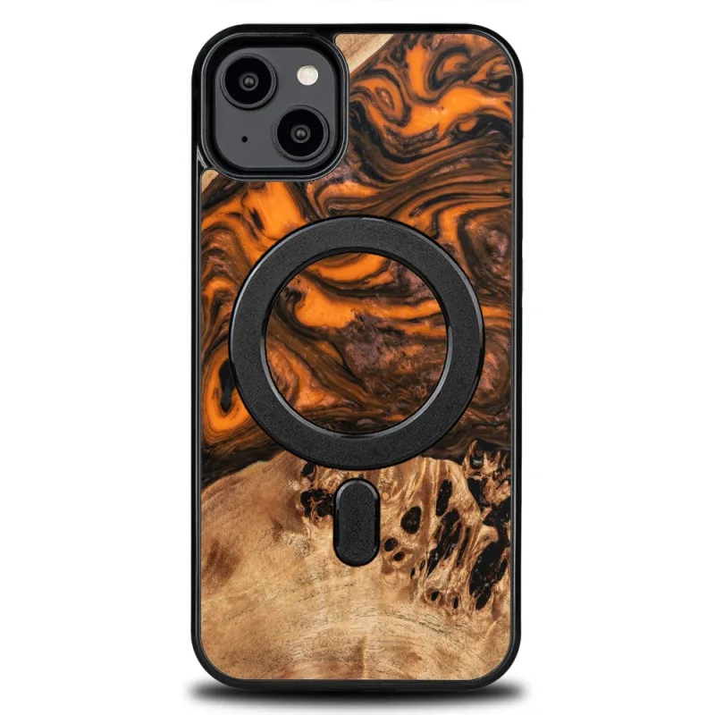 Drevo a živicové puzdro pre iPhone 15 Plus MagSafe Bewood Unique Orange - oranžovo-čierne