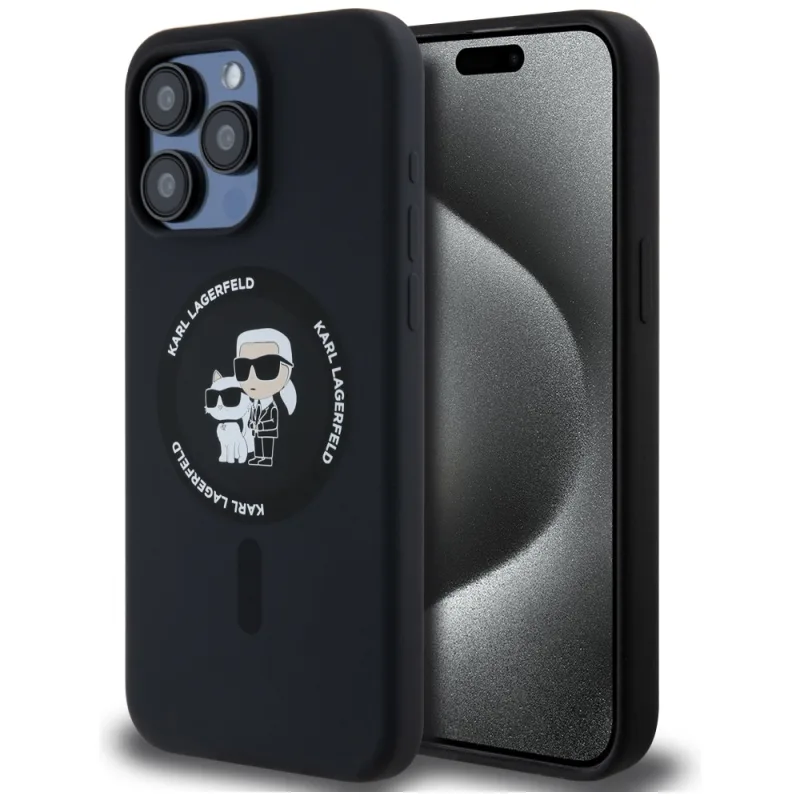 Karl Lagerfeld silikónové puzdro Karl&Choupette Ring MagSafe pre iPhone 15 Pro Max - čierne