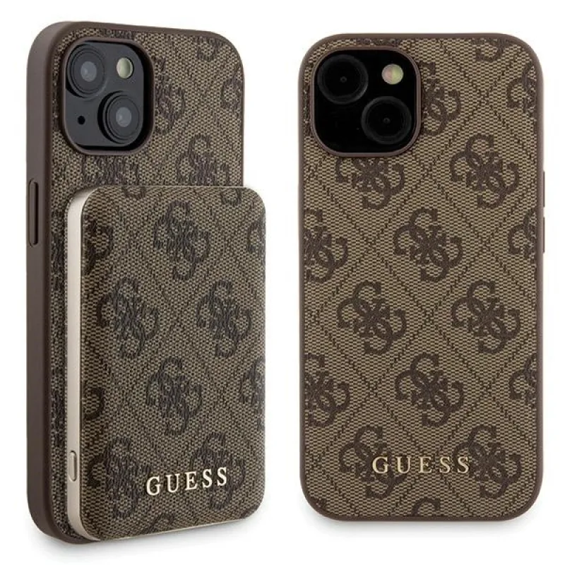 Sada puzdier Guess 4G Metal Logo pre iPhone 15 + power banka MagSafe 5000mAh - hnedá