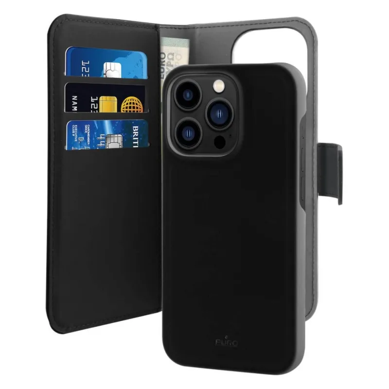 Puro Wallet Odnímateľné MagSafe 2v1 PU kožené puzdro s chlopňou a peňaženkou pre iPhone 14 Pro – čierne