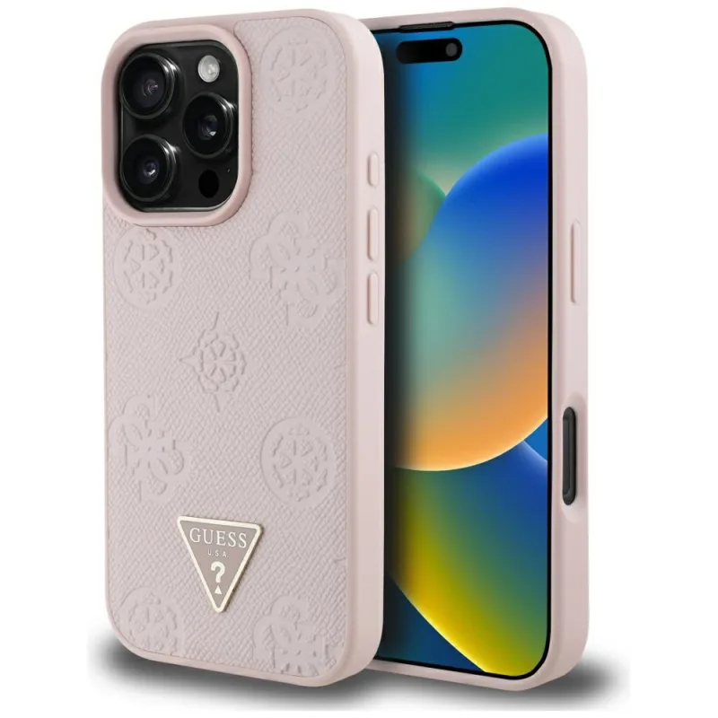 Puzdro Guess Grained Hot Stamp Pivonka s logom MagSafe iPhone 16 Pro – ružové