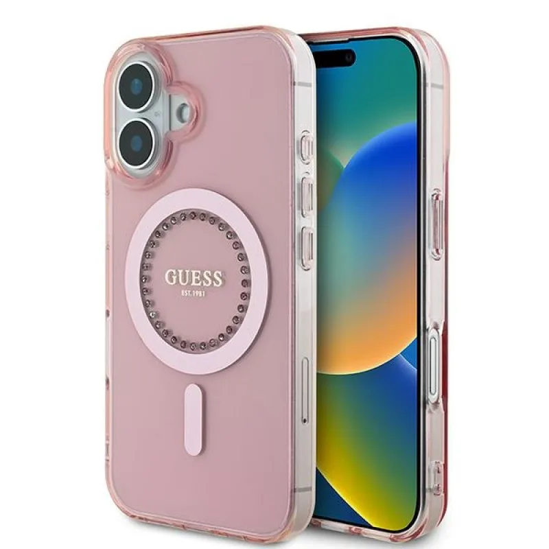 Puzdro Guess IML Rhinestones MagSafe na iPhone 16 – ružové