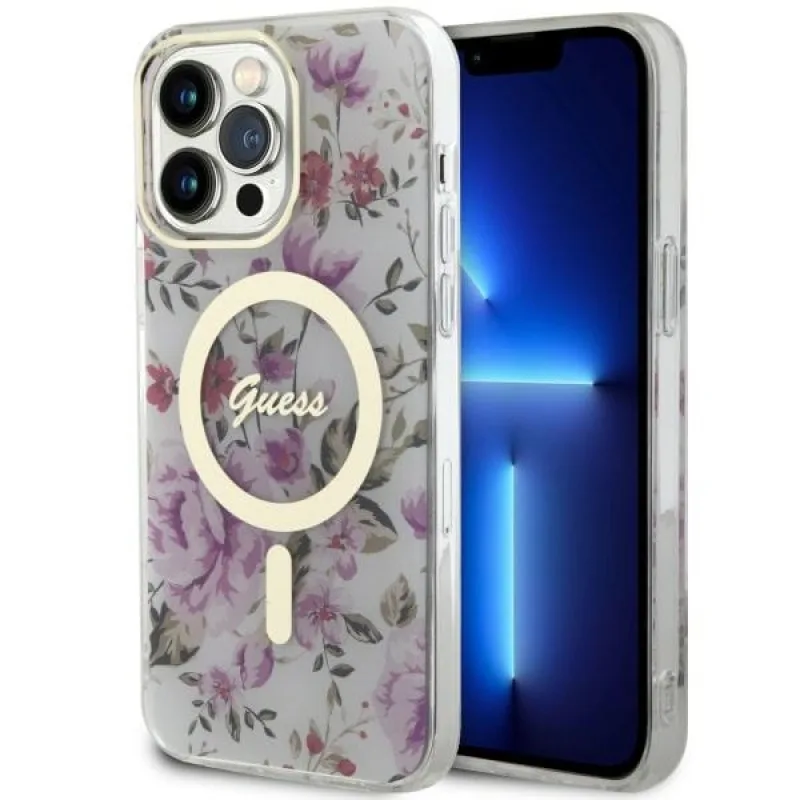 Guess GUHMP14XHCFWST iPhone 14 Pro Max 6,7" priehľadné pevné puzdro Flower MagSafe