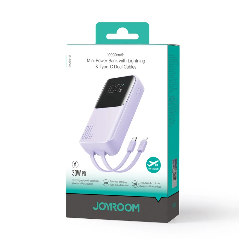 Mini power banka Joyroom JR-PBC06 so vstavaným USB-C / Lightning káblami 30W 10000mAh - fialová