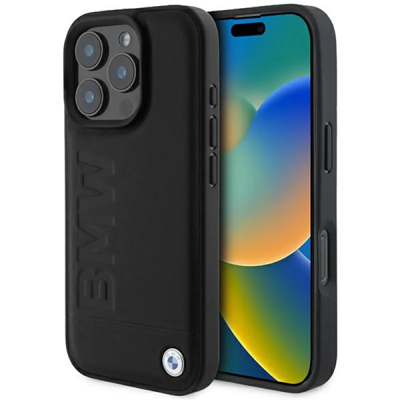 Kožené puzdro BMW Hot Stamp MagSafe na iPhone 16 Pro – čierne