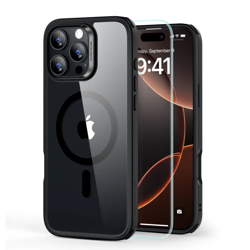 Puzdro ESR Classic Hybrid Halolock MagSafe + tvrdené sklo pre iPhone 16 Pro Max – číre s čiernym rámom