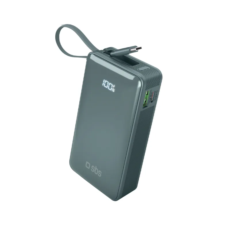 Powerbanka SBS 10000 mAh 20W so vstavaným káblom USB-C a digitálnym displejom - šedá