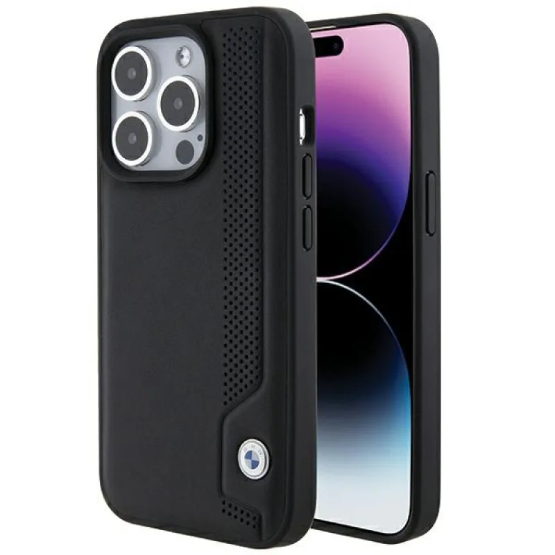 BMW Kožené puzdro Blue Dots iPhone 15 Pro Max – čierne