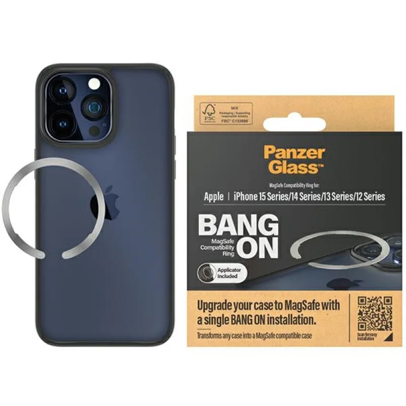 Prsteň MagSafe PanzerGlass Bang ON pre iPhone 12 / 13 / 14 / 15 - strieborný