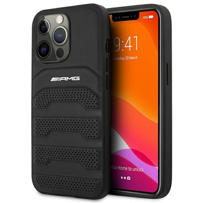 Pevné puzdro AMG AMHCP14LGSEBK iPhone 14 Pro 6,1 "čierne/čierne kožené s vyrazenými líniami